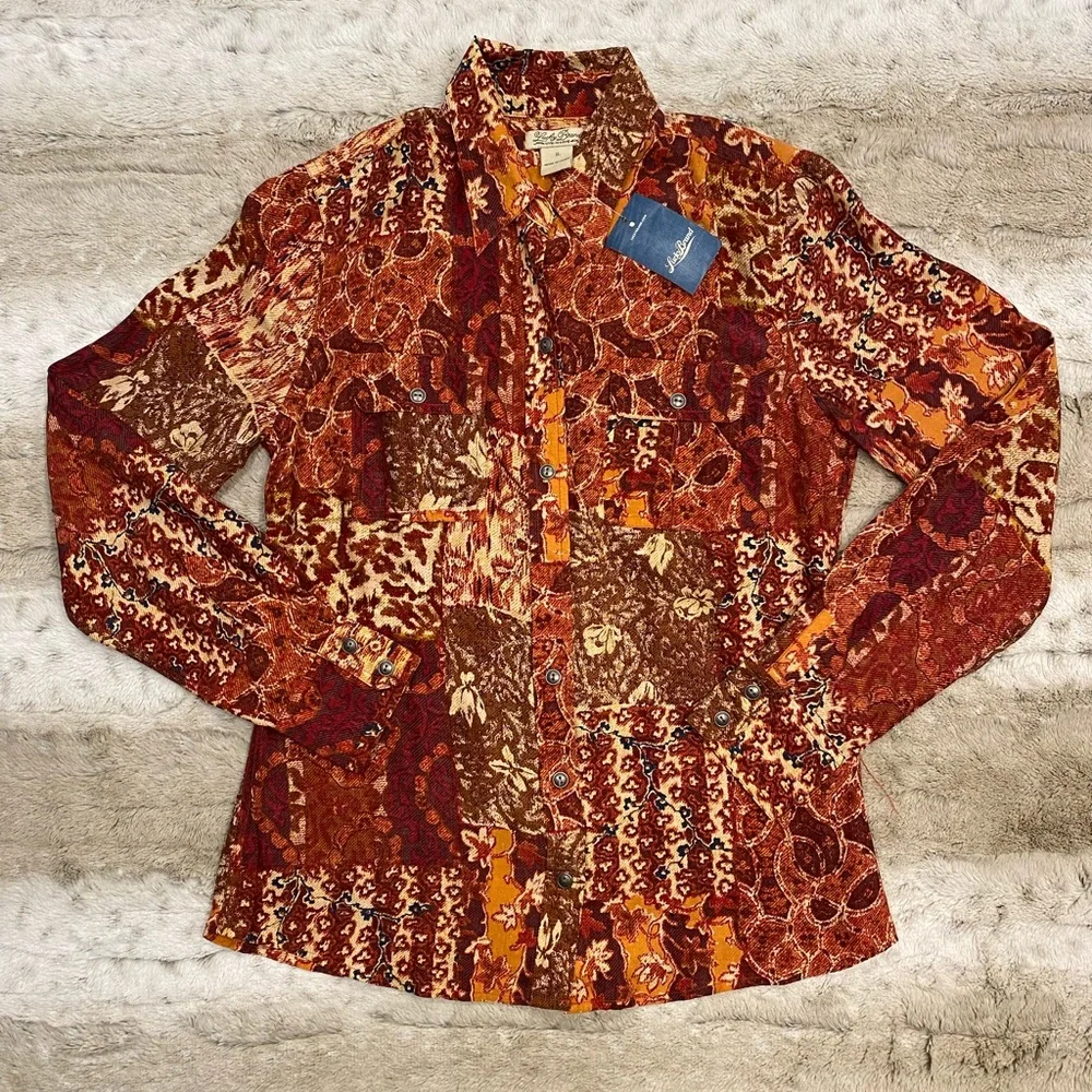 ✨SOLD✨NWT🍁Lucky Brand 100% Silk Jane patchwork Visit top boho western button - Picture 2 of 8